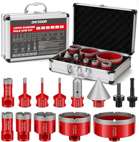 DAYDOOR Diamond Hole Saw Kit, 13-Piece Tile Hole Saw Kit 1/4 5/16 4/5 1 1-3/8 2 3 4,Vacuum Brazed Core Drill Bits for Porcelain Tile, Granite, Marble, Stone(Red)