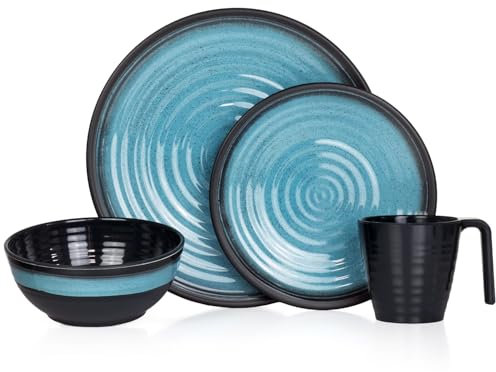 Vaisselle de camping pour 1 personne 4 pièces | Mélamine | Service de vaisselle de pique-nique | Vaisselle de camping Stone Blue Design