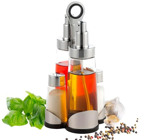 Avilia Juego de 5 piezas de aceite y vinagre/sal y pimienta de cristal y acero inoxidable 200/60 ml plateado – Dimensiones 22 x 9,8 x 11 cm – Materiales resistentes y fáciles de limpiar – Incluye