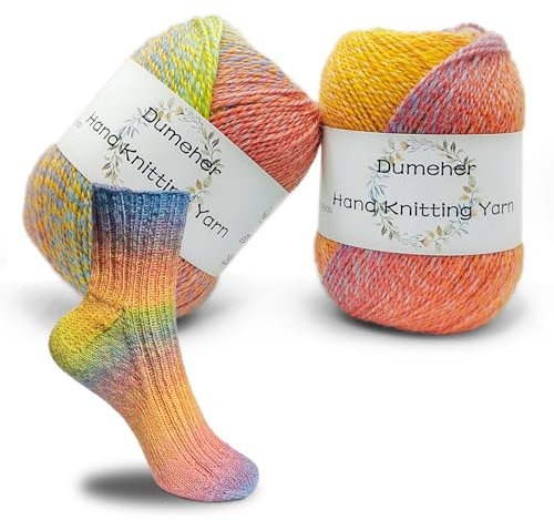 Dumeher Sockenwolle 2 Stücke Sockengarn Wolle zum Stricken & Häkeln mit Farbverlauf Handstrickgarn aus 80% Schurwolle, 20% Nylon, 50g/200m/1 Rolle Garn, Regenbogenfarben