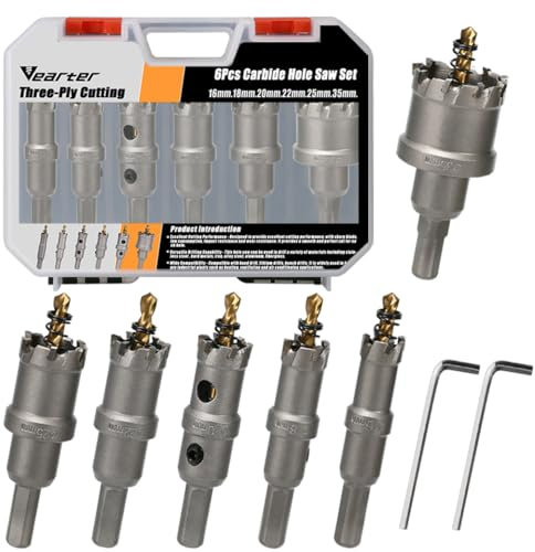 Vearter TCT Hole Saw Sets 6PCS, 16-35mm Carbide Holesaw Set with Pilot Drill, Hole Saws for Hard Metal, Stainless Steel, Mild Steel, Aluminium Alloy, Copper, Iron, Plastic and Fiberglass