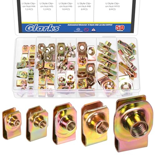 Glarks 50pcs M4 M5 M6 M8 M10 U-Style Clip-On Nuts Set, Carbon Steel Thread Clip Nut, U Nuts Clamp Set, U-Shaped Nut, Automotive U-Clips for Engine, Fender, Bumper, Dash, Interior Trim Panels