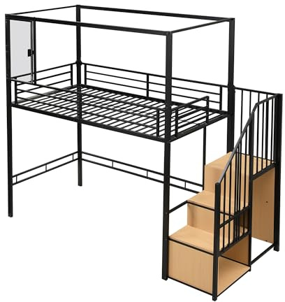 Loftsäng metallsäng 90 x 200 cm med garderob och förvaringsfack, järnsäng funktionell säng barnsäng med magnetisk dragningskraft och trappor för pojkar eller flickor, svart + natur