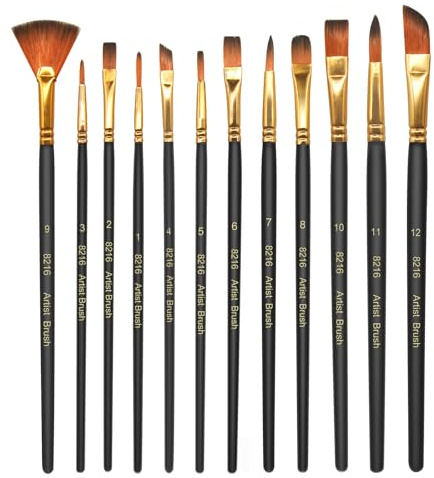 elzle 12 Pinceles para Pintar, Juego de Pinceles de Pintura de Nailon, Pincel Fino para Pintura de Punta Lisa, Cuerpo bolígrafo de Madera Apto para Pinturas acrílicas, Acuarelas, aceites y guacos