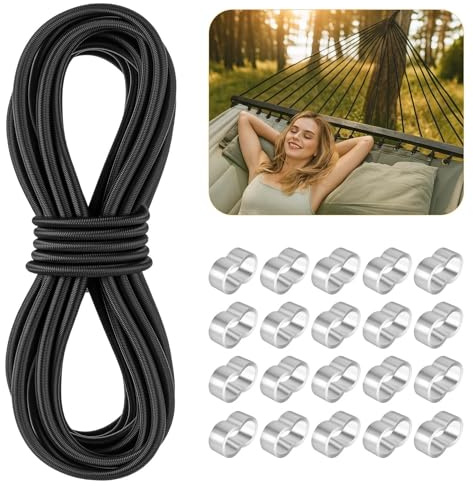 Corda Elastica in Gomma, 8mm x 10m Corda di Gomma con 20 Anelli di Crimpatura in Alluminio M9, per Telone del Rimorchio, Bagagli, Campeggio, Vela Corda per Telone