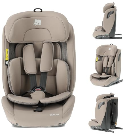 Deryan Carter i-Size barnstol, ISOFIX, 75–150 cm – grupp 1/2/3, bilbarnstol med bältefäste, sidokrockskydd, justerbart nackstöd, avtagbart överdrag, 1,5 till 12 år – tryffelsand