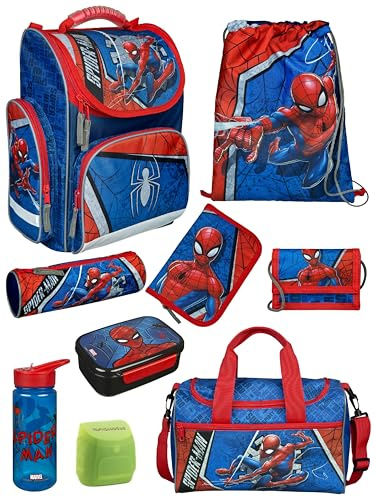 Familando - Schulranzen Set CLOU - 9-teilig mit Sporttasche - Marvel Spiderman - Ergonomisch, stabil & mit gepolstertem Rücken - 930g leicht - 15L Volumen - Mit Reflektoren - ab 1. Klasse