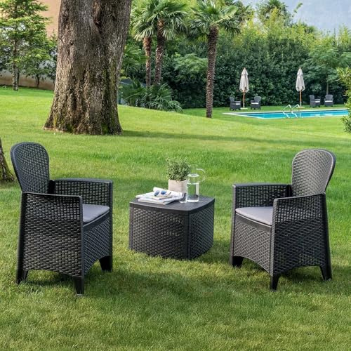 Dmora - Set salotto da esterno Napoli, Composizione da giardino con 2 poltrone ed 1 tavolino contenitore, Salottino effetto rattan, 100% Made in Italy, Antracite