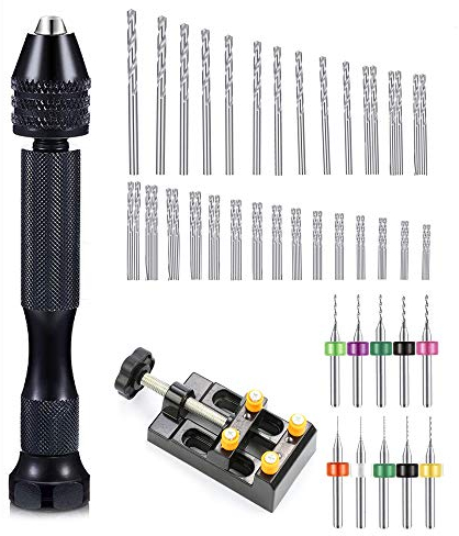 CDIYTOOL Ensemble de 58 forets manuels comprenant une perceuse à main, 46 micro forets hélicoïdaux et 10 mini forets PCB pour travaux manuels, bijoux (0,1 à 1 mm, perceuse PCB)