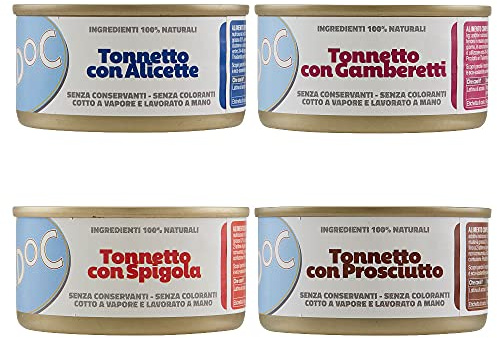 ADoC Cat Cibo Umido Per Gatti Mix Tonnetto con Gamberetti Spigola Alicette Prosciutto - 24 Lattine Da 85gr