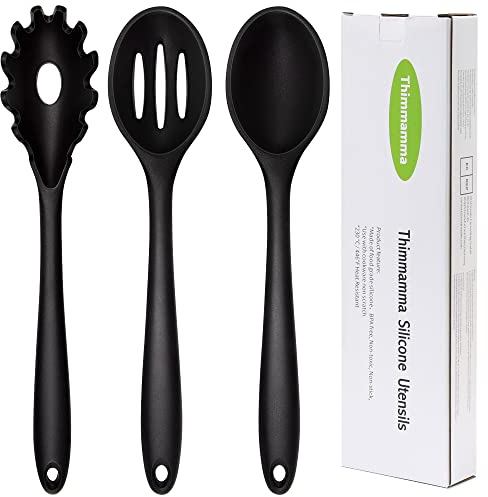 Cucchiai da cucina silicone, Set di 3 utensili da cucina in silicone resistenti al calore Cucchiaio forato et solido, Mestolo per Spaghetti per mescolare e servire, senza BPA, antiaderenti