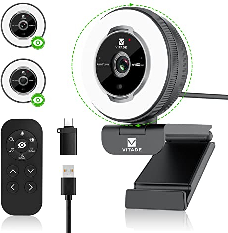 Vitade Streaming Webcam with 1080p FHD at 60fps and Adjustable Ring Light