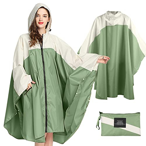 SOPPY Regenmantel für Frauen, Langer Regenponcho wasserdichte Regenbekleidung Regenjacke Winddichte Regencape Raincoat Regenschutzbekleidung mit Pattentasche Kapuze Tunnelzug, Senfgrün