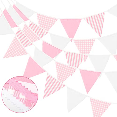 G2PLUS Rosa und Weiß Stoff Wimpelkette, 12M Wimpel Girlande, Rosa und Weiß Streifen Stoffgirlande, Wimpelkette aus Stoff mit 42 STK Wimpeln für Kinderzimmer Hochzeits Geburtstag Party