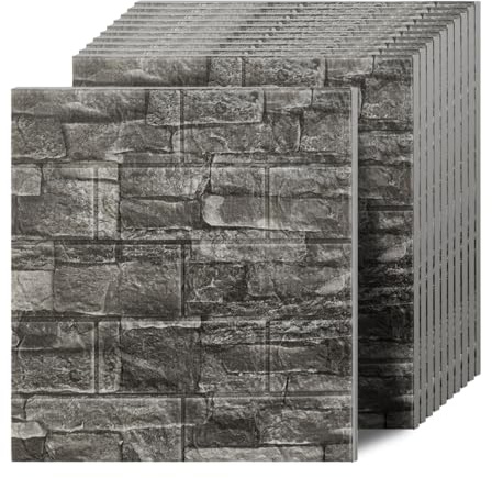 Greymond 3D Wall Panels Peel and Stick in Black Grey Stone, 20 PCS XPE Foam 3D Wallpaper, Textured Faux Brick Wall Panels for Bedroom, Stairs, Kitchen