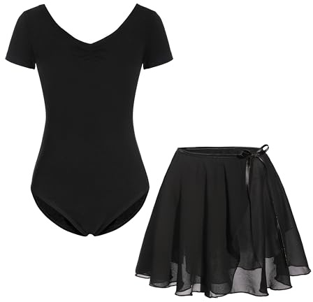FONLAM Ballettkleid Ballettkleidung Turnanzug Mädchen Kurzarm Tanzkleid Balletttrikot Ballettrock Ballettanzug Kinder (11-12 Jahre, Schwarz)