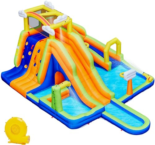 Yaheetech Inflatable Water Slide Combo, 10-in-1 Rainbow & Clouds Style with 2 Pools, Large Climbing Wall & Tunnel, Double Lane Slide for Kids Aged 3-10, Includes Storage Bag & 650W Blower