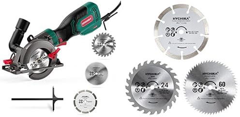 HYCHIKA Handkreissäge, 750W Kreissäge 3500U mit 3 Sägeblättern (115 und 125mm) mit Führungsschiene Max Schnitttiefe 48mm(90°)/32mm(45°), mini Kreissäge für Holz, Weichmetall, Fliesen u.s.w