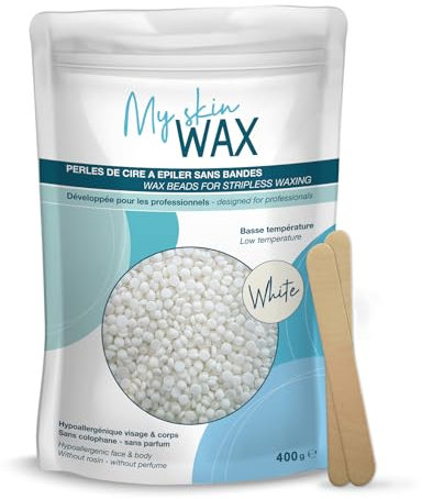 My Skin Wax - Perlas de Cera para Depilación Sin Bandas, 400g, Hipoalergénico, Depilatoria Indolora Sin Enrojecimiento, Especial Para Pieles Sensibles Hombre Mujer, Depilar Facial, Brasileño Blanco