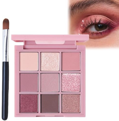 Pink Make-Up Palette - 9 Colour Glitter Matte & Shimmer Glitter Eye Shadow Pallets, Bright Eyeshadows, Long Lasting & Highly Pigmented