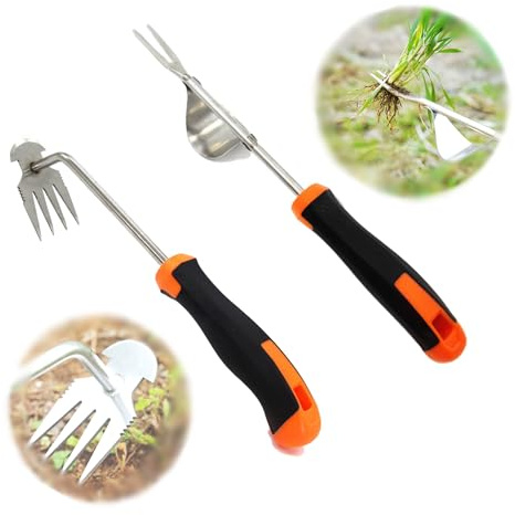 GCFTIFF Lot de 2 désherbants en acier inoxydable - Pour le jardin - Désherbeur manuel amélioré - Pour le jardinage - Avec manche - Outil de jardinage