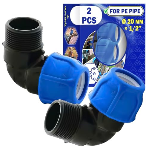 2 Pezzi Raccordo Ø 20 mm x 1/2″ a Gomito 90° con Filetto Maschio in Polipropilene PP per il Collegamento di Tubo Polietilene PE - MONTERAL