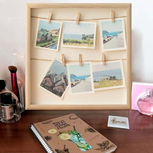GOMETY Cornice portafoto fai da te in legno, 32 x 32 cm, cornice portafoto collage con corda di canapa e clip in legno, per foto, cartoline, versatile, per foto da parete