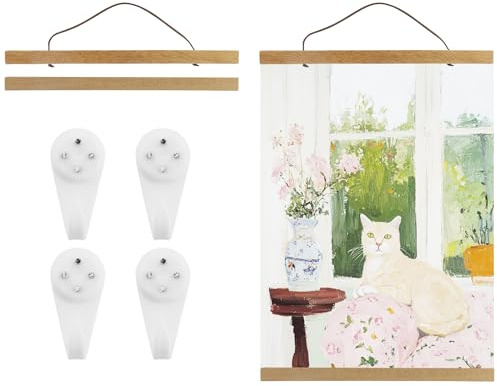 Juego de 2 rieles magnéticos de 31 cm, A3, con 4 ganchos para cuadros blancos, marcos de teca para murales, fotos, pósteres, marco de madera, barra de pinzas