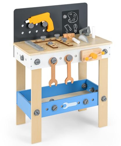 GYMAX Kids Workbench, Wooden Play Workbench with Chalkboard, Storage Shelf, Pegboard, Tool & Parts Set, Toy Tool Bench for 3+ Years Old