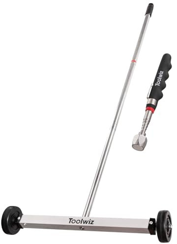 Toolwiz Barredora magnética rodante de 17 pulgadas, 9 libras, con herramientas telescópicas de recogida magnética de 16 libras, barredora ligera con ruedas para clavos, tornillos y desechos de metal
