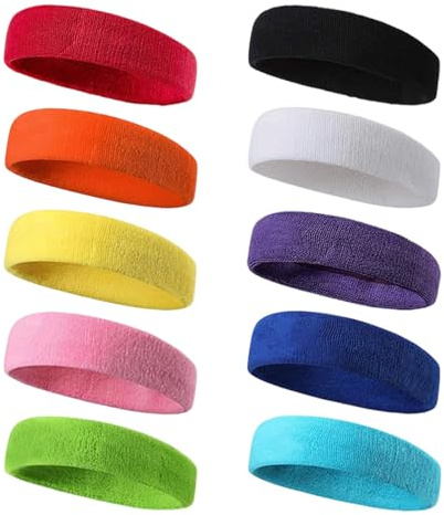 Lot de 10 bandeaux de sport élastiques en coton, évacuant l'humidité, absorbant la transpiration, en coton éponge pour l'athlétisme