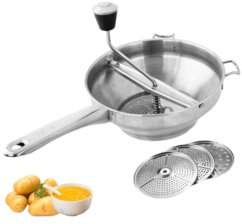 Food Mill Hand Crank, Stainless Steel Rotary Food Mill Sieve Grater with 3 Grinding Discs, Baby Complementary Foods Maker Potato Ricer with Handle, Tomato Strainer for Tomato Sauce, Applesauce, Puree