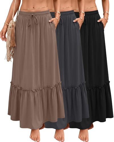 Ficerd Pack de 3 Faldas Maxi Boho para Mujer, Falda Larga de Capas con Volantes, Cintura Alta con Cordón, Vestido Casual con Bolsillos