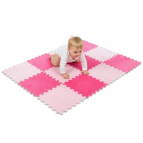 CROWNSHOP Plush Interlocking Foam Floor Tiles 30×30×1cm (12-Pack), Soft EVA Puzzle Play Mats with Edges for Kids, Yoga, Fitness, Bedroom & Living Room (Red & Pink)