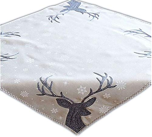 Quadratisch Polyester Tischdecke 85 x 85 cm hellgrau weiß eisblau Stickerei 'Hirsch' Weihnachten Weihnachtsdeko Weihnachtstischdecke Mitteldecke Tischdeko