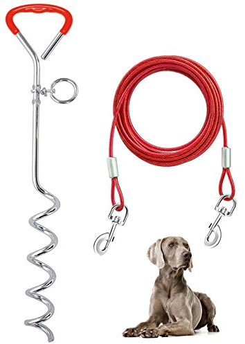 Supet Dog Tie Out Cable and Stake 32/16/10 ft Outdoor, Yard and Camping, for Medium to Large Dogs Up to 125 lbs, 16 Stake, 32/16/10 ft Cable with Durable Spring and Metal Hooks for Outdoor