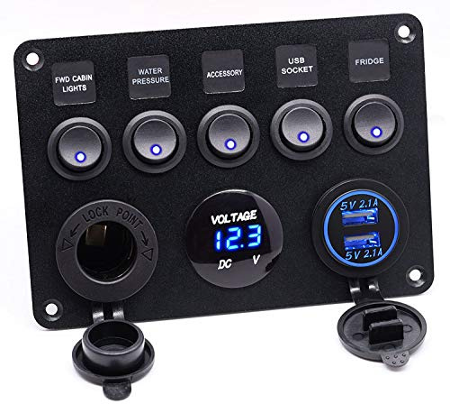 5-gängs panel med LED-voltmeter, dubbel USB-laddning 5V 2.1A och cigarettändare, 12-24V förkopplad vattentät brytare, separat 15A säkring, IP65