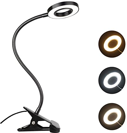 Akynite Bettlampe Klemmleuchte USB, Leselampe Dimmbar mit Schalter, 3 Farbmodi 10 Helligkeit, 48 LED Klemmlampe mit Schwanenhals, Leselampe Bett Klemme, Makeup Light, Schwarz