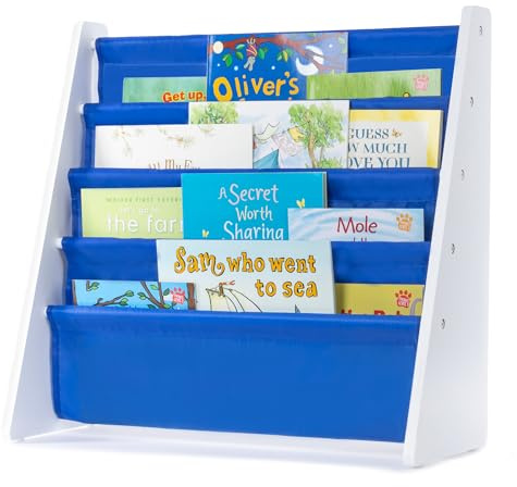 LIVIVO Colorful Kids Bookshelf - 4 Tier Children's Bookcase, Magazine and Book Storage Rack, Wooden Sling Book Organizer, Book Shelf for Kids Room, Bedroom, Nursery, Playroom (Blue)