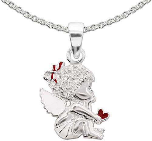 CLEVER SCHMUCK Collier avec pendentif ange gardien 15 mm avec cœur attendant accroupi, partie rouge et blanc, chaîne en argent sterling 925 de 42 cm, pour fille dans un étui à bijoux, Brillant