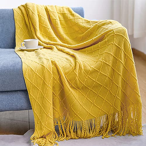 LumiSyne Manta De Punto con Flecos Color Sólido Borlas Clásica Diseño con Motivos Geométricos Comoda Suave Cubresofa Cubrecama Manta Cubrecama Decorativa para Sofá Cama 170x130cm