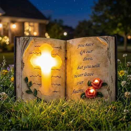 Candieslife Outdoor Solar Memorial Cross Stakes Lights, Waterproof Book Statue Grave Decorations Sympathy Gifts for Cemetery Garden Lawn Yard Patio Home Decor