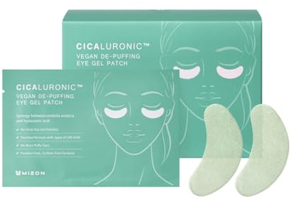MIZON Patch vegano in gel Cicaluronico per gli occhi (21 paia) Antinfiammatorio con oro 24K e Cica, riduce il gonfiore, le occhiaie e le rughe (Cicaluronic Vegan De-puffing Eye Gel Patch)