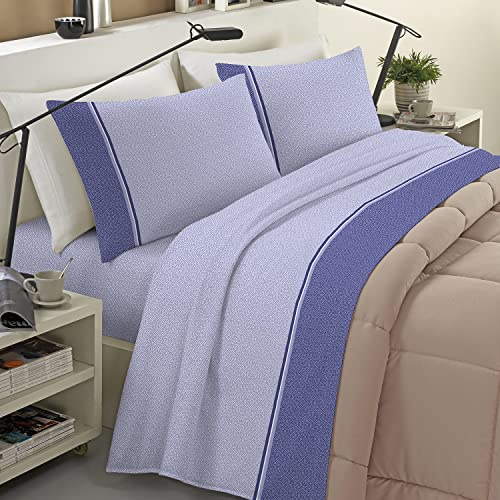 Banzaii Completo Lenzuola Invernale Felpate in Flanella Anti-Pilling 100% Cotone Francese (per Materasso 130/140 cm, Altezza Fino a 35 cm) Ida Blu