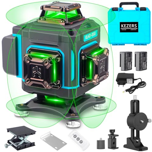 KEZERS Laser lignes croisées vert 4x360°, Niveau laser autonivelant 16 lignes, Laser croisé avec écran, télécommande, support mural, socle élévateur, IP54 pour l'intérieur et l'extérieur Chantier