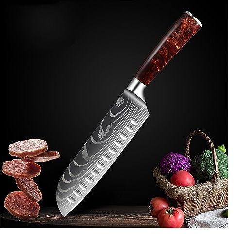Damaskus kockkniv japansk lax sashimi kniv rött hartshandtag Santoku kniv kökskniv matlagningskniv