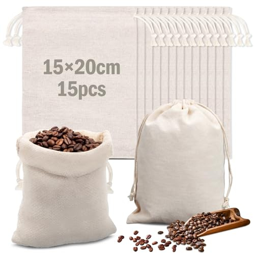 15 bolsas de algodón, 20 x 15 cm, bolsas de tela para pintar, bolsas de algodón pequeñas, muselina de algodón con cordón, para manualidades, bodas, Navidad, calendario de Adviento