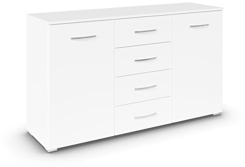 Rauch Möbel Pure by Aditio Kombikommode, Kommode, Sideboard, Schubkastenkommode, 2-türig, 4 Schubkästen, Soft-Close, Farbe Alpinweiß, 140x81x42cm