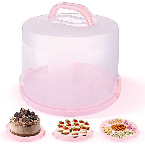 FWEEK 30cm Large Cake Carrier Tall Cake Box Round Plastic Cake Storage with Handle and Lid Cake Container for Pies Cookies Cakes Party - Pink