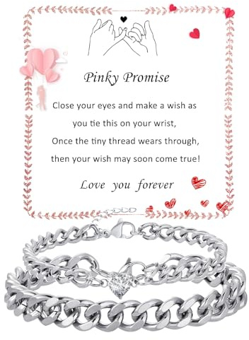 Fehki Matching Couple Cuban Chain Bracelets Gifts for Boyfriend Husband Soulmate Girlfriend Valentine's Day Anniversary Birthday Christmas Jewelry Gifts,Adjustable Size (Pinky Promise, Silver+Silver)